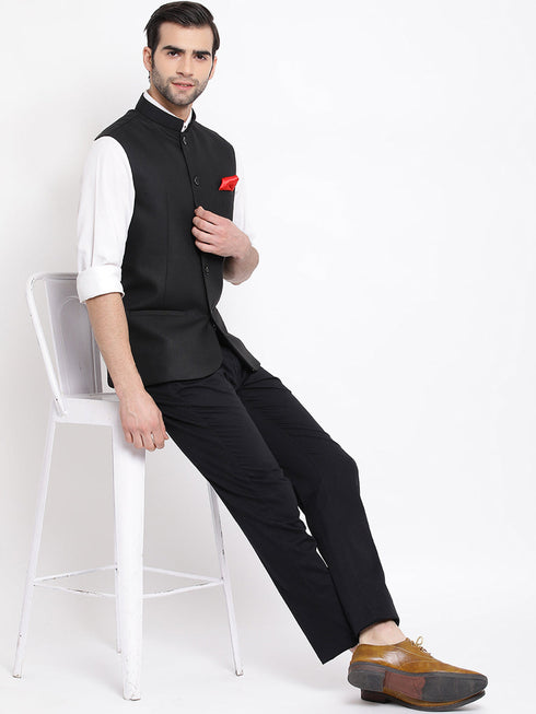 Vastramay Men's Black Cotton Silk Blend Nehru Jacket